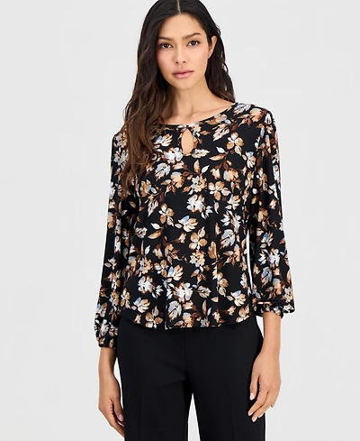 Anne Klein Essentials Petite Printed 3/4 Sleeve Keyhole Top