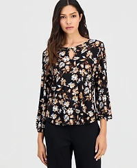 Anne Klein Essentials Petite Printed 3/4 Sleeve Keyhole Top