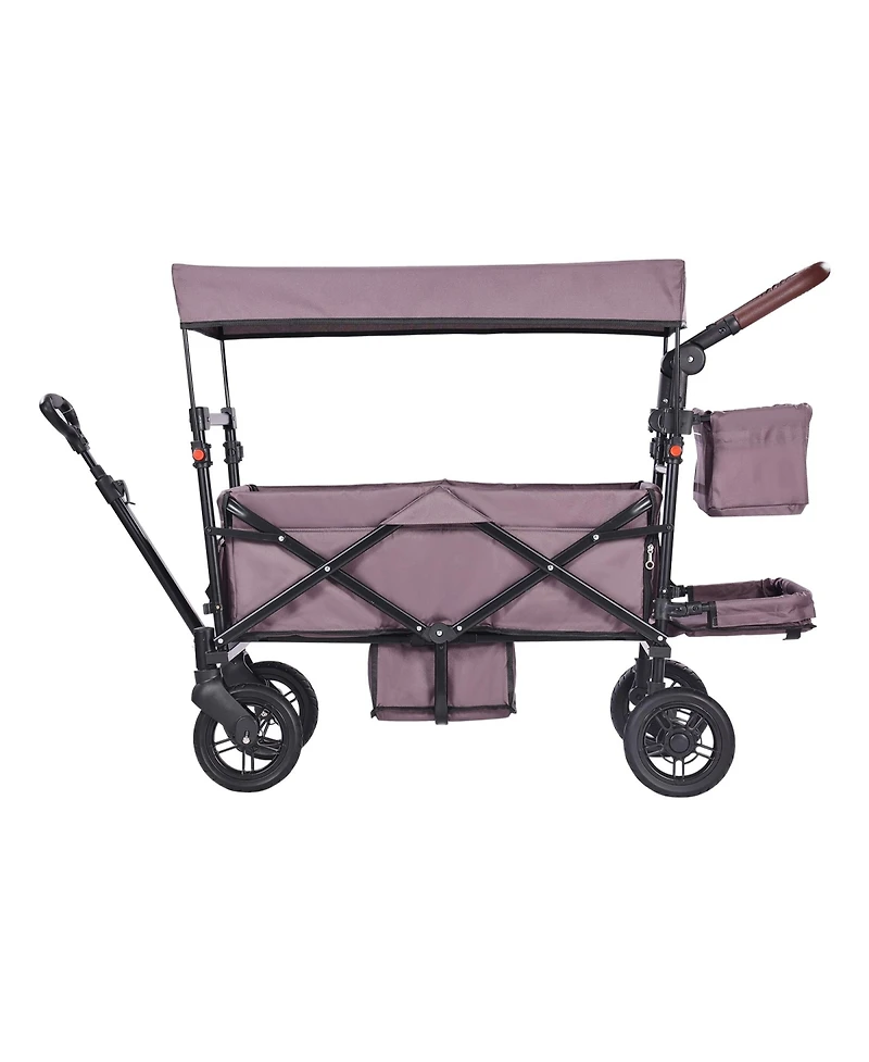 Rainsken Wagon Stroller for 2 Kids, Push Pull Collapsible Utility Cart with Adjustable Handle, Encircling Harness and Removable Canopy for Outdoors