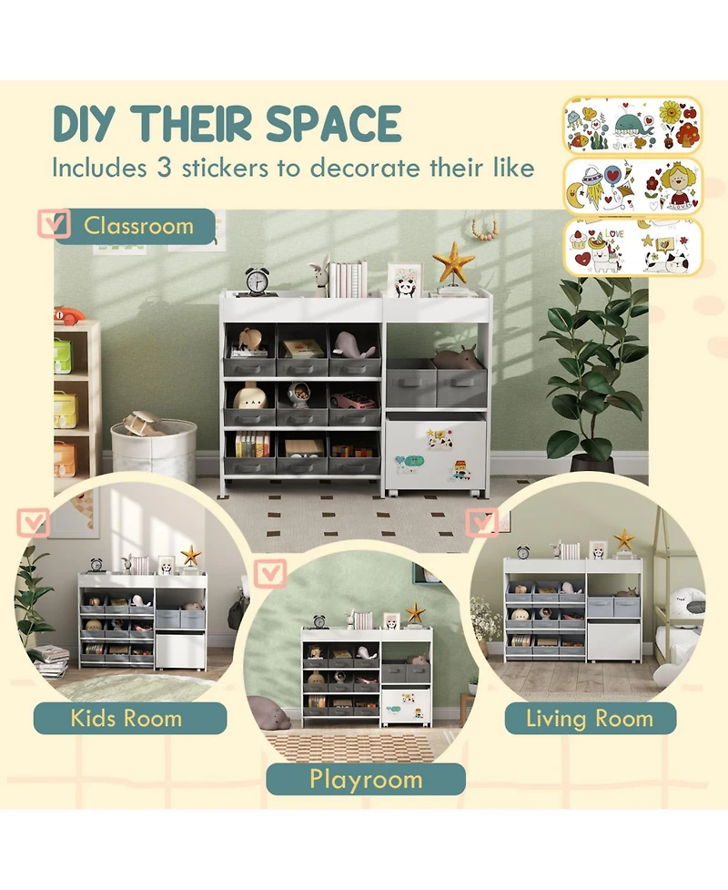 Rainsken Toy Storage Organizer for Kids, with 6 Shelves and 11 Fabric Bins, Moveable Cabinet and 3 Stickers, for Nursery, Playroom, Bedroom