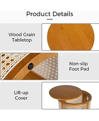 Rainsken Round Solid Wood Nightstand, Hollow Woven Bedside Table, Compact Accent End Table for Living Room, Bedroom