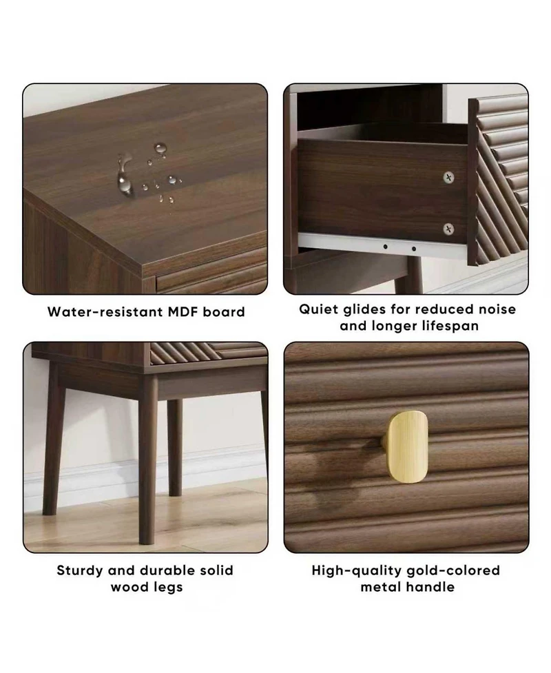 Rainsken Modern Fluted Nightstand Piece Set 2, with Metal Handles, 4 Solid Wood Legs, Easy Assembly for Bedroom or Living Room