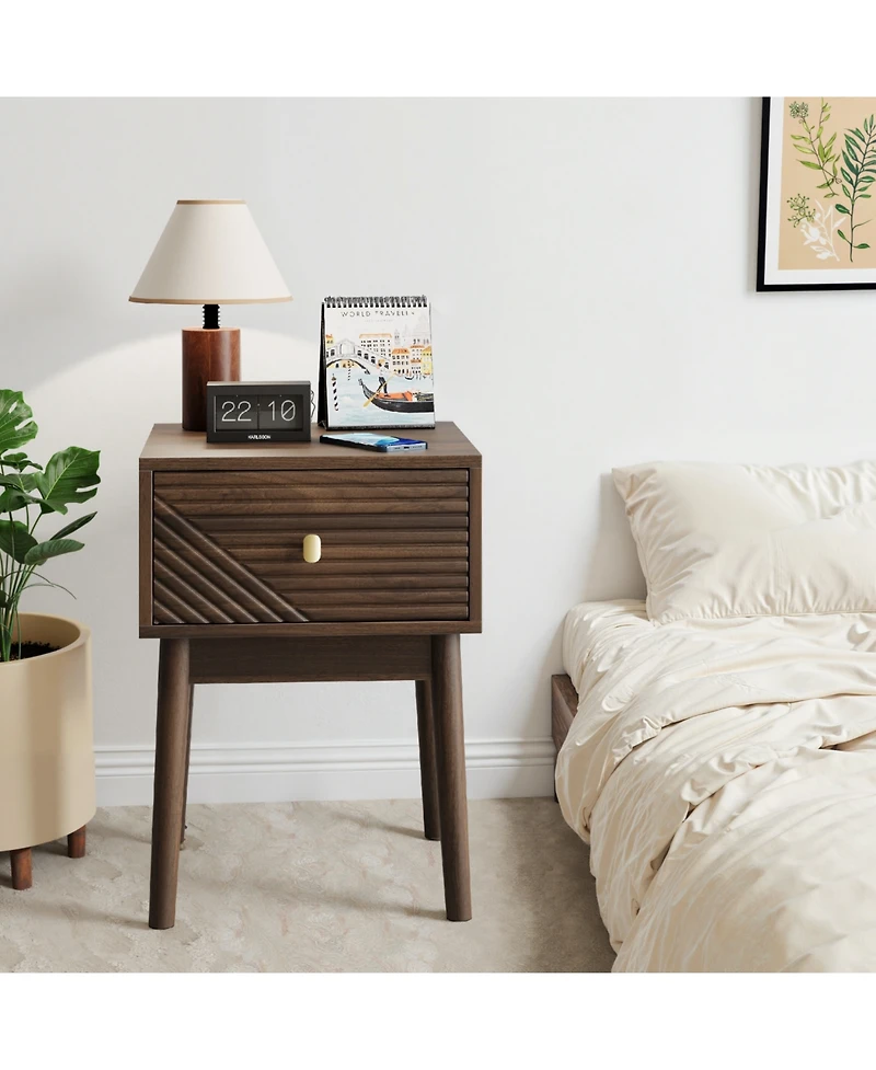 Rainsken Modern Fluted Nightstand Piece Set 2, with Metal Handles, 4 Solid Wood Legs, Easy Assembly for Bedroom or Living Room