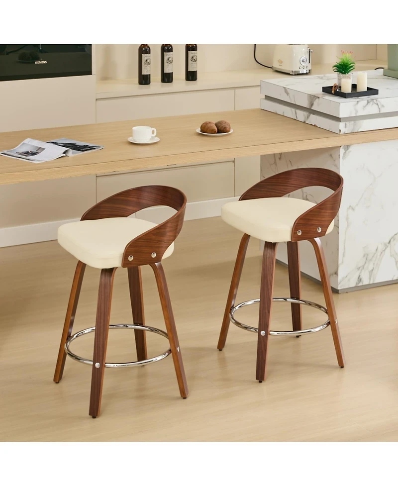 Rainsken Bar Stools Set of 2, with Pu Upholstered, 360degree(s)Swivel Mid Century Stools, 25-Inch Seat Height, for Kitchen Island, Pub, Restaurant
