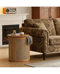 Rainsken Round Solid Wood Nightstand, Hollow Woven Bedside Table, Compact Accent End Table
