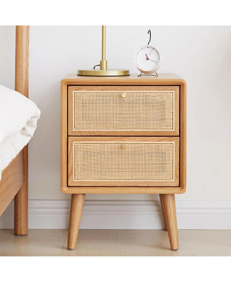 Rainsken Rattan Nightstand, Solid Oak Wood Bedside Table with 2 Drawers Drawers, Small End Table for Small Spaces, Bedroom, Living Room