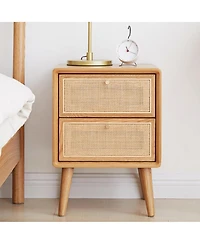 Rainsken Rattan Nightstand, Solid Oak Wood Bedside Table with 2 Drawers Drawers, Small End Table for Small Spaces, Bedroom, Living Room