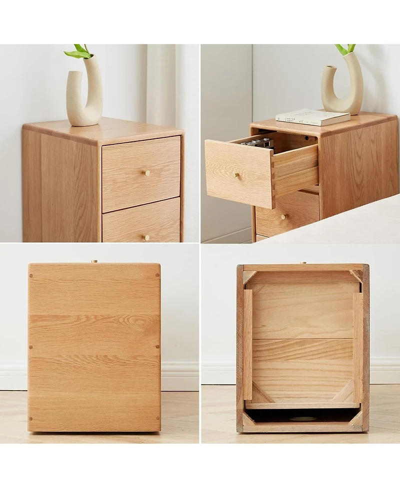 Rainsken Solid Oak Nightstand, Narrow 3-Drawer Cabinet, Freestanding Bedside Table, End Table, Storage Cabinet for Living Room, Bedroom