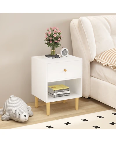 Rainsken Nightstand, Minimalist Wooden Bedside Table with Drawer and Open Shelf for Kids Room, Nursery