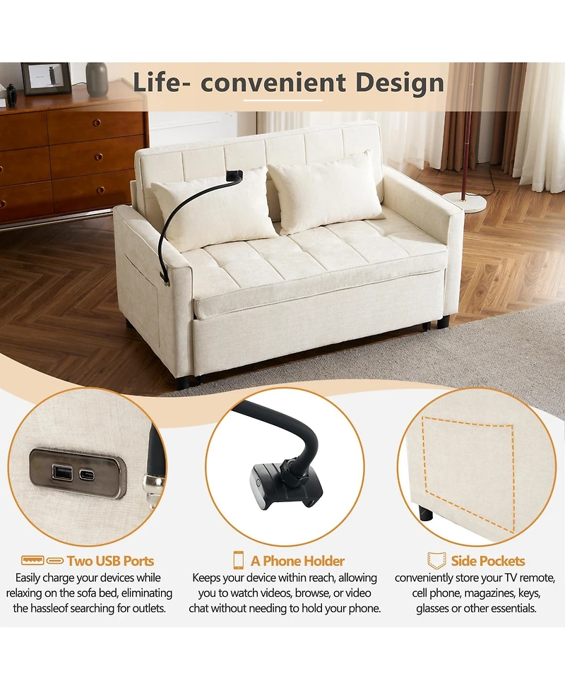 Rainsken 56.9" Loveseat Sofa Couch, Pull-Out Sleeper Bed with a Reversible Backrest Cushion, 2 Usb Ports and Phone Holder for Living Room