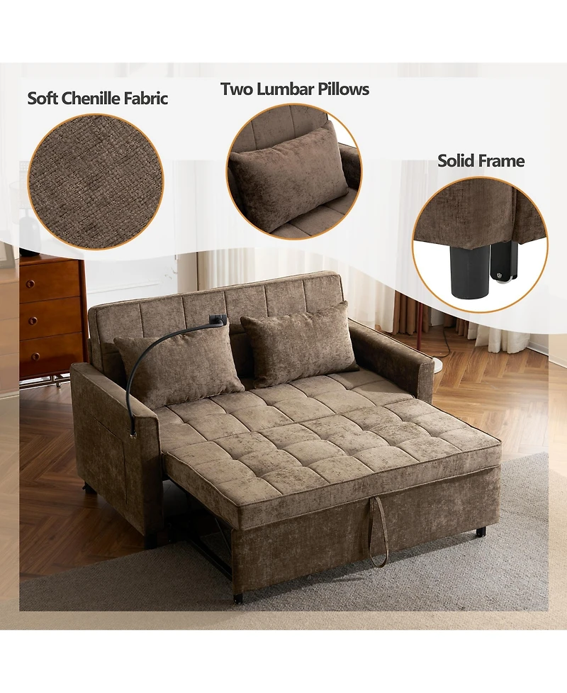 Rainsken 56.9" Loveseat Sofa Couch, Pull-Out Sleeper Sofa Bed with a Reversible Backrest Cushion, 2 Usb Ports and a Phone Holder for Living Room