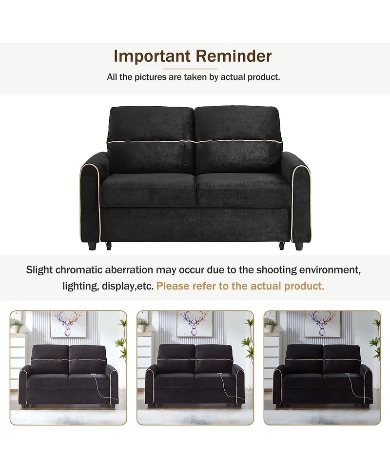 Rainsken Convertible Sofa Bed, Chenille Pull Out Sleeper Couch with Adjustable Backrest, 4 Side Pockets and Charging Ports for Living Room