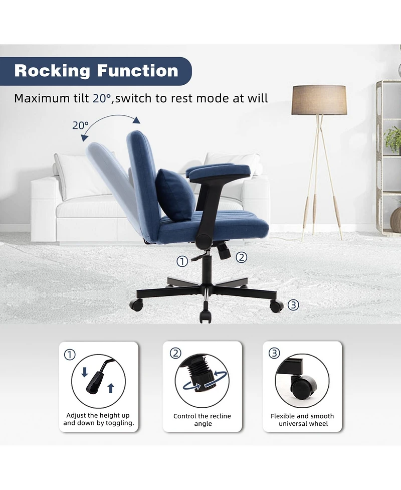 Rainsken Linen Cross Legged Office Chair, with Adjustable Flip Armrest, for Home Office, Apartment, Criss Chair Meditation, Makeup