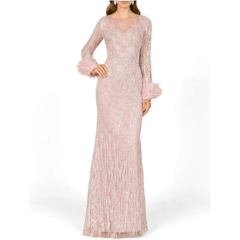 Lara Women's Long Sleeve Sheath Gown with Feathers