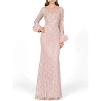 Lara Women's Long Sleeve Sheath Gown with Feathers