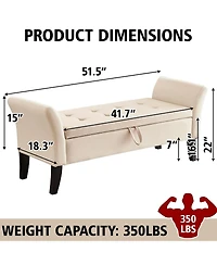 Rainsken 51.5 Inch Storage Ottoman Bench, Velvet Upholstered End of Bed Bench