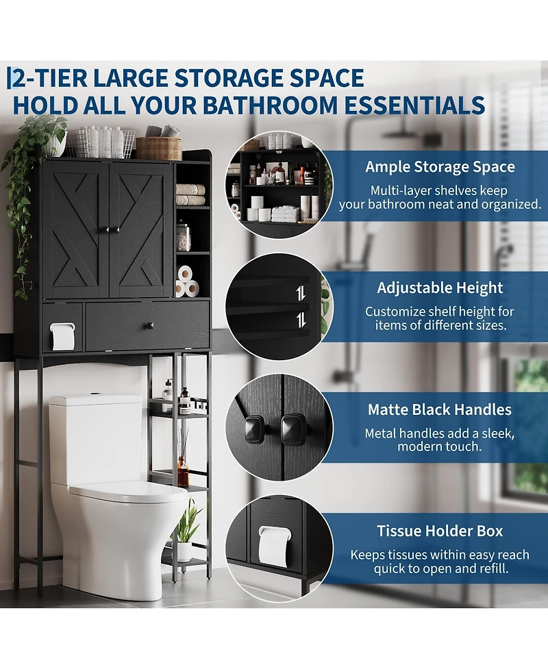 homfan Over-The-Toilet Storage Rack – Modern Bathroom Organizer with Mdf Shelves & Steel Frame, Space-Saving Toilet Shelf for Small Bathrooms