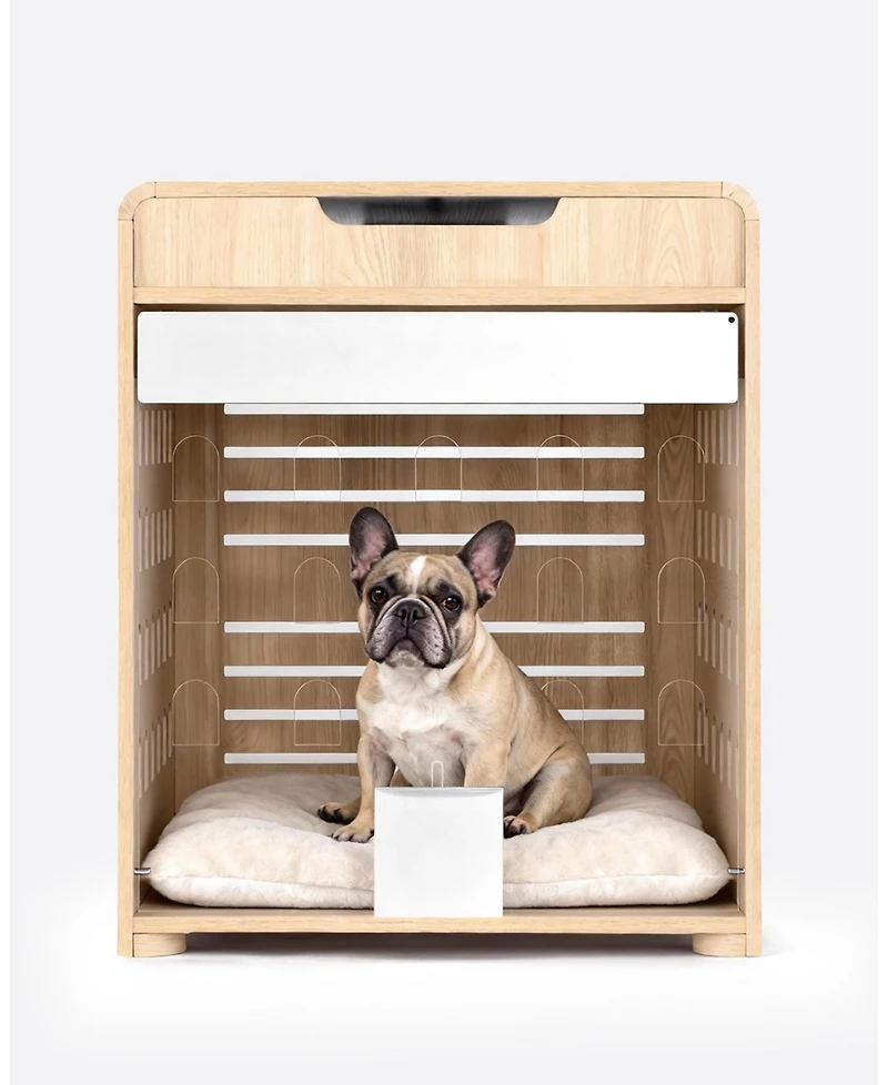 Sugift 26-Inch Width Modern Oak Dog Crate Furniture with Charging Station, Large Kennel Indoor Wood Pet End Side Table Cage