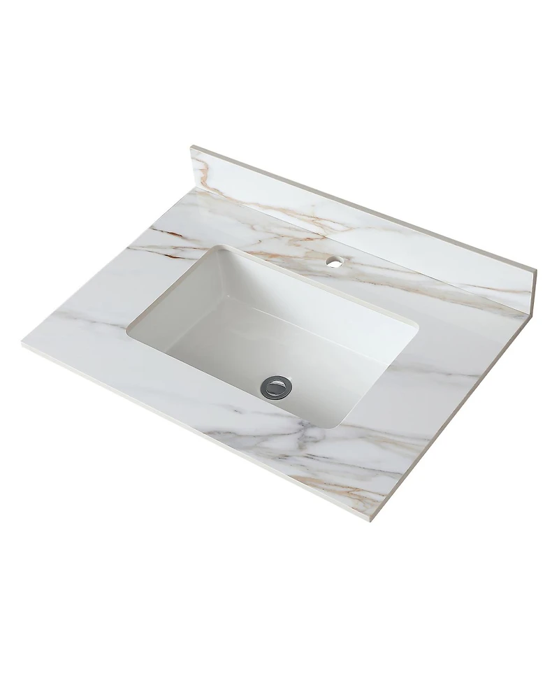 Sillysis Sintered Stone Bathroom Vanity Top with Ceramic Sink, Carrara Marble Look, 4" Backsplash, Water Stain and Scratch Resistant