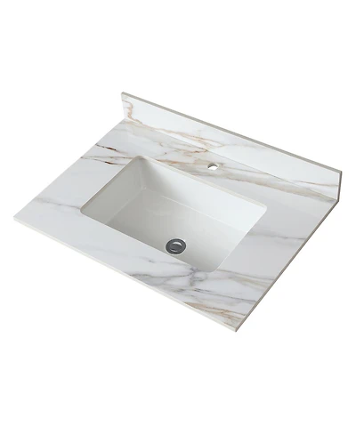 Sillysis Sintered Stone Bathroom Vanity Top with Ceramic Sink, Carrara Marble Look, 4" Backsplash, Water Stain and Scratch Resistant