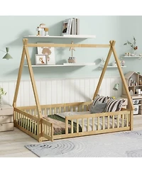 Clihome Full Rubber Wood Tent-shaped Floor Bed,with Guardrails,Slats and Door