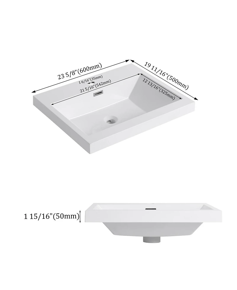 Sillysis Modern Resin Bathroom Sink Top, Rectangular Above Counter Basin, Durable Easy Clean Vanity Sink
