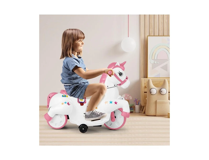 Hongge 12Volts Unicorn Ride on Toy with Training Wheels and Horse Riding Mode