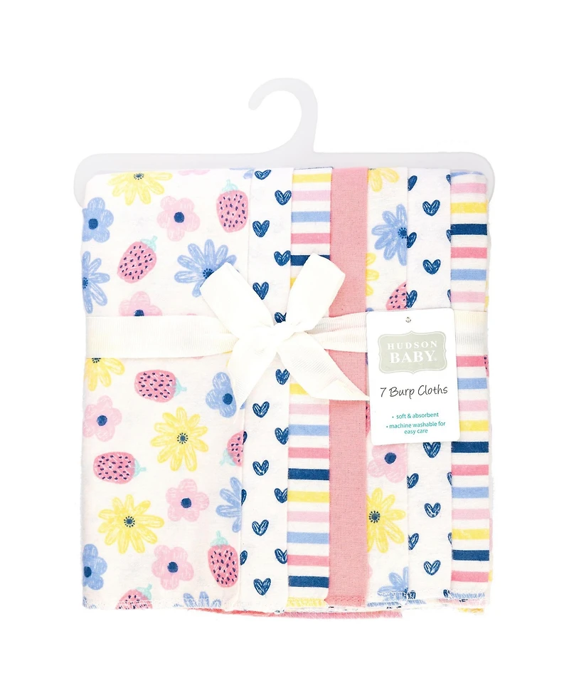 Hudson Baby Girl Cotton Poly Flannel Burp Cloths 7-Pack, Flowers And Strawberries, One Size