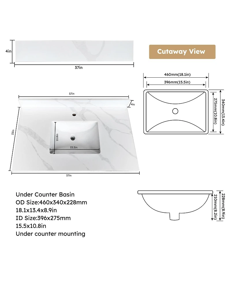 Sillysis Quartz Bathroom Vanity Top with Undermount Sink, Carrara Style, 4" Backsplash, 1 Faucet Hole, 31/37/43 Inch