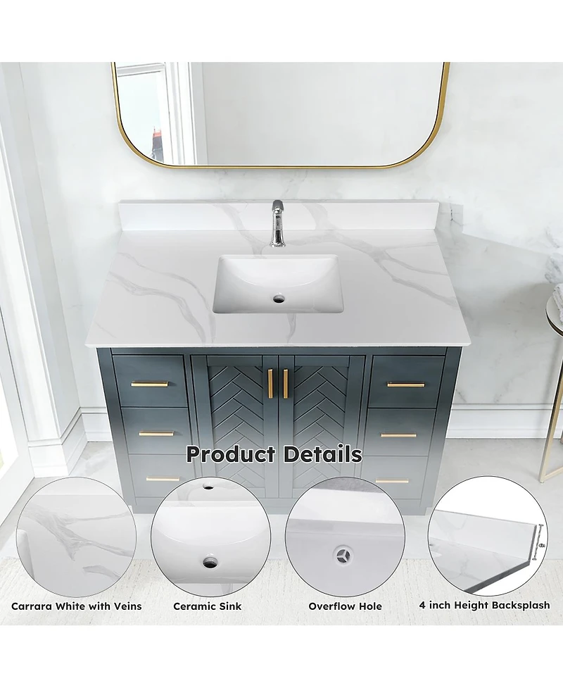 Sillysis Quartz Bathroom Vanity Top with Undermount Sink, Carrara Style, 4" Backsplash, 1 Faucet Hole, 31/37/43 Inch