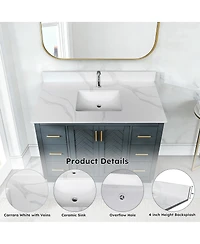 Sillysis Quartz Bathroom Vanity Top with Undermount Sink, Carrara Style, 4" Backsplash, 1 Faucet Hole, 31/37/43 Inch
