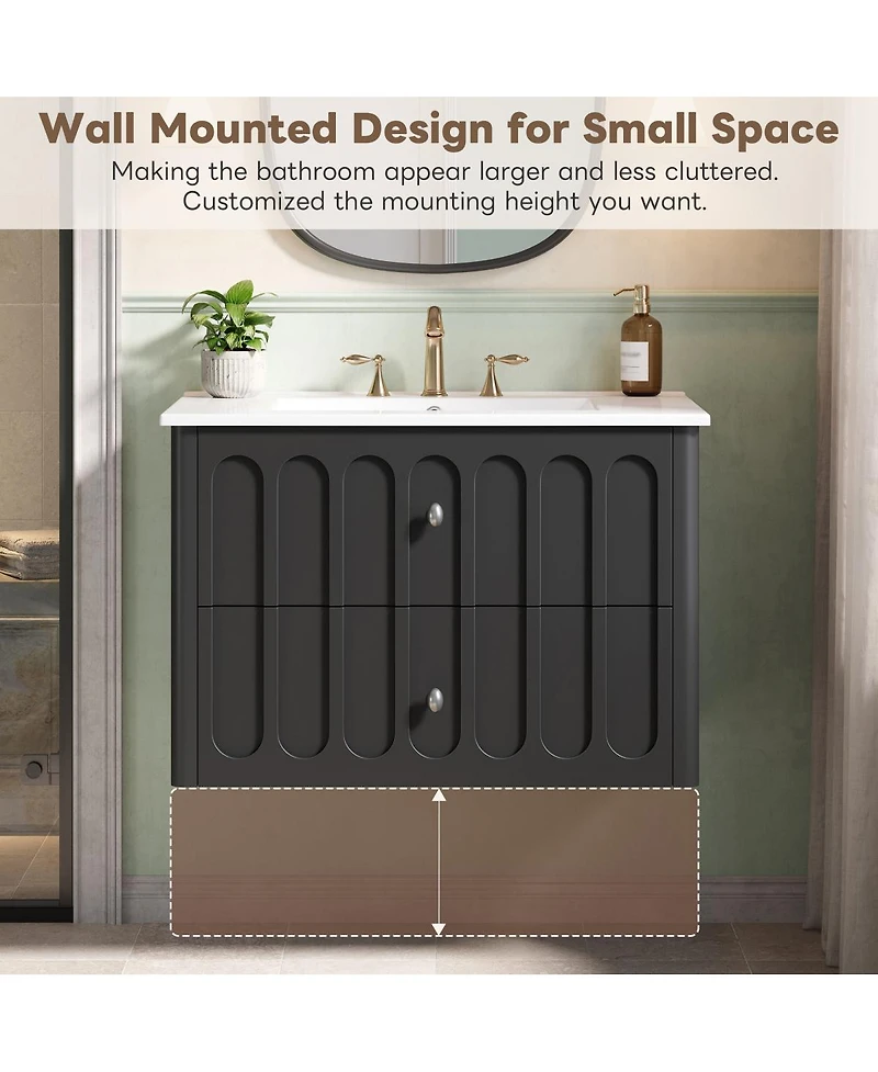 Sillysis 30 Inch Floating Bathroom Vanity with Sink, Modern Wall Mounted Cabinet, Soft Close Drawers, Space Saving Storage