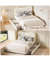 homfan Upholstered Twin Bed Frame with Led Headboard, 2 Storage Drawers, Wood Slat Support, No Box Spring Needed