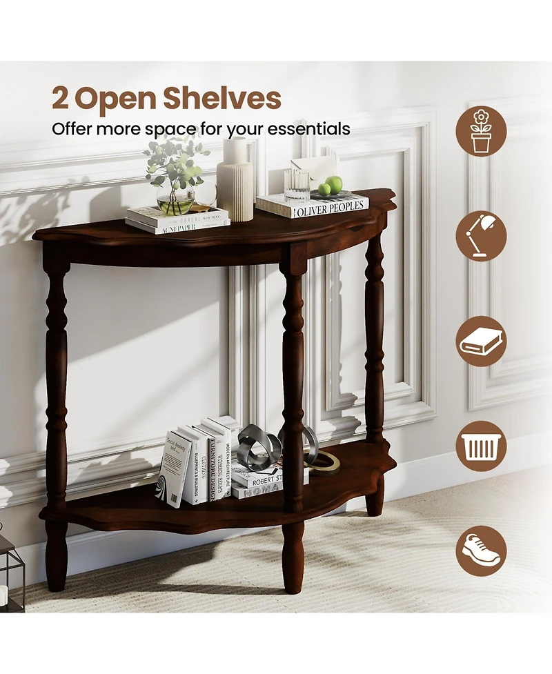 Slickblue Rubber Wood Half Moon Console Table with Storage Shelf