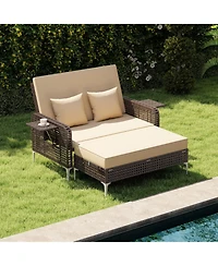 Gouun 2-Piece Rattan Daybed Set with 4-Level Adjustable Backrest and Storage Ottoman