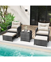 Gouun 5-Piece Wicker Patio Set with Ottomans and Glass-Top Table