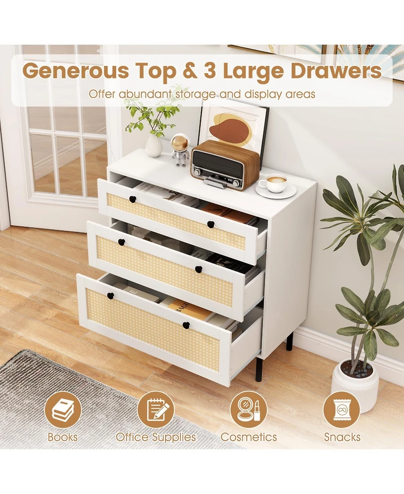 Slickblue Rattan Nightstand with 3 Drawers for Bedroom Storage