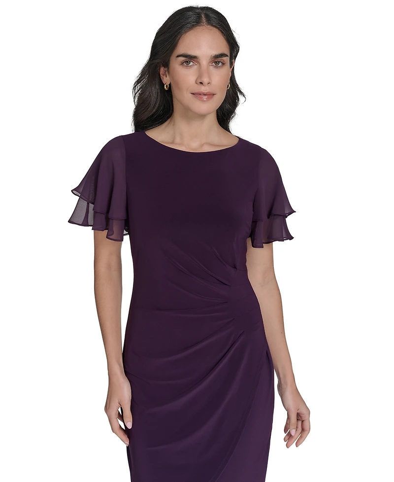 Jessica Howard Petite Flutter-Sleeve Tuck Faux Wrap Sheath Dress