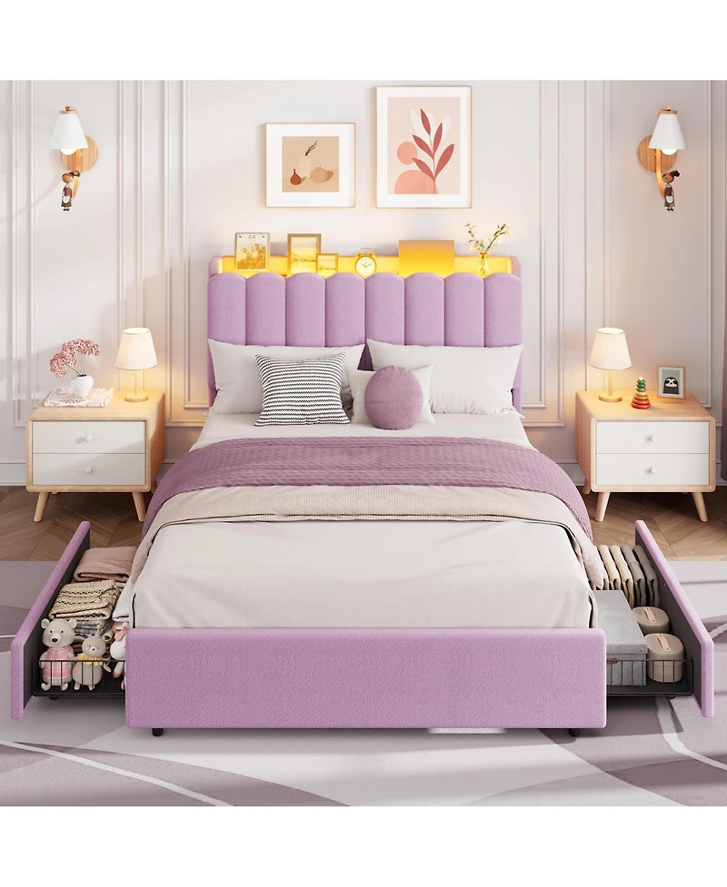 homfan Led Bed Frame with Storage Headboard and Drawers