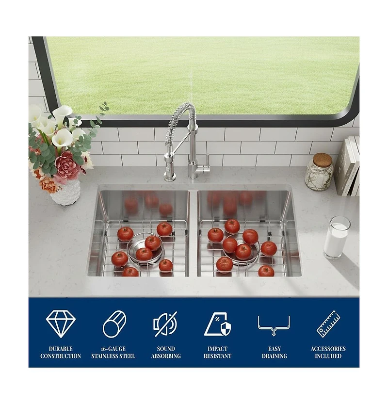 Gaomon Undermount Double Bowl Kitchen Sink 16 Gauge 304 Stainless Steel Flat Bottom 10 In Deep with Grid and Drain Kit