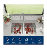 Gaomon Undermount Double Bowl Kitchen Sink 16 Gauge 304 Stainless Steel Flat Bottom 10 In Deep with Grid and Drain Kit