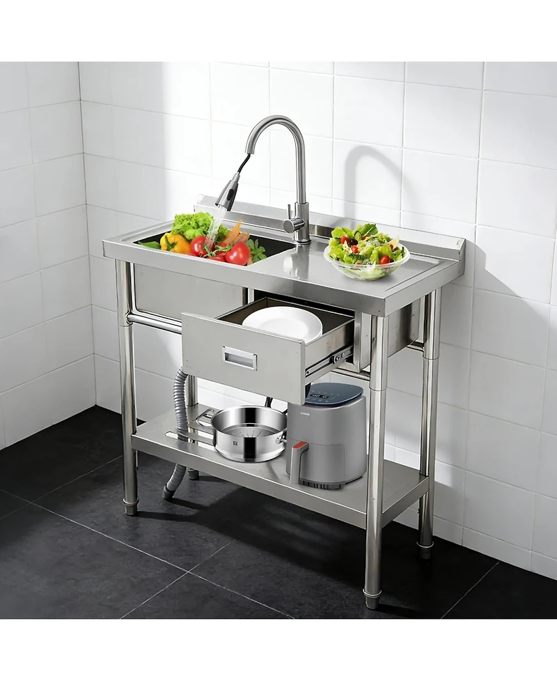 Gaomon Freestanding Stainless Steel Utility Sink Single Bowl with Hot and Cold Faucet Drawer Storage Shelf and Workbench