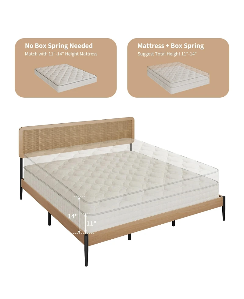 gaomon King Rattan Platform Bed – Headboard, Wood Slats, Under Bed Storage, Noise-Free, No Box Spring Needed