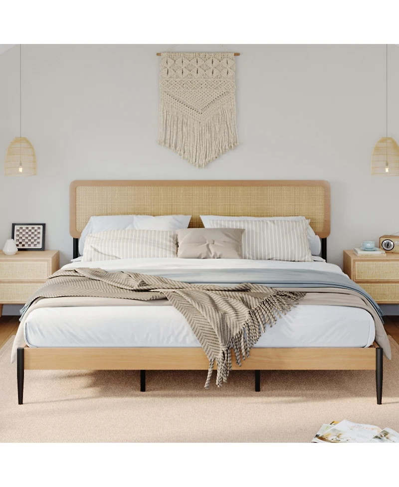 gaomon King Rattan Platform Bed – Headboard, Wood Slats, Under Bed Storage, Noise-Free, No Box Spring Needed