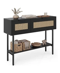 Slickblue Stylish Rattan Console Table with Storage Cabinets and Steel Frame Shelf