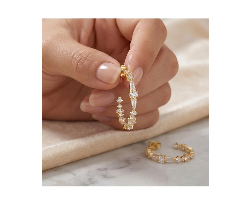 Rachel Glauber Brilliant 14K Gold Plated Multi-Shape Cz Hoop Earrings