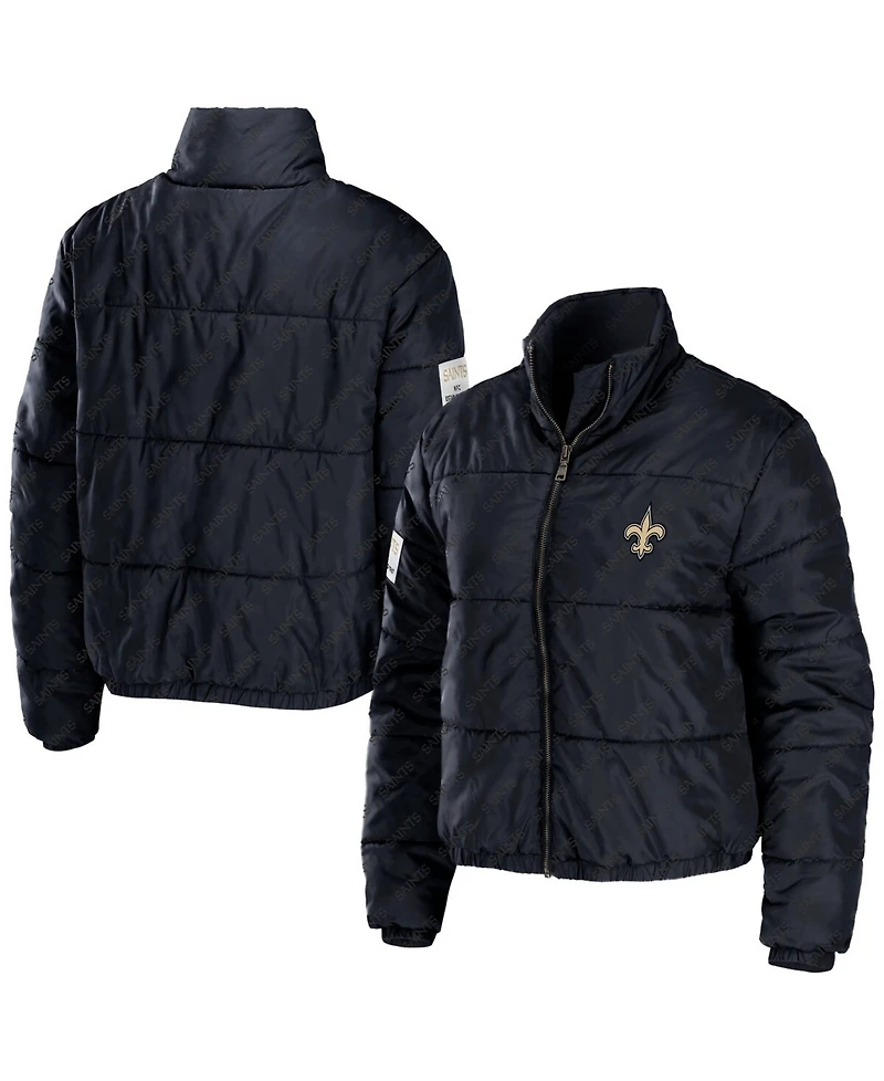 Wear by Erin Andrews Women's Black New Orleans Saints Puffer Full-Zip Cropped Jacket
