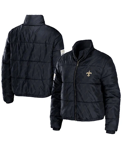 Wear by Erin Andrews Women's Black New Orleans Saints Puffer Full-Zip Cropped Jacket