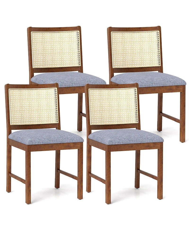 Gymax Rattan Dining Chair Rubber Wood Frame Linen Fabric Padded Seat