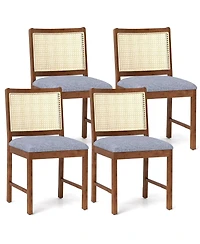 Gymax Rattan Dining Chair Rubber Wood Frame Linen Fabric Padded Seat